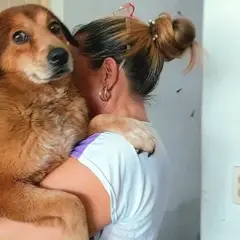 Chica cargando a un perro