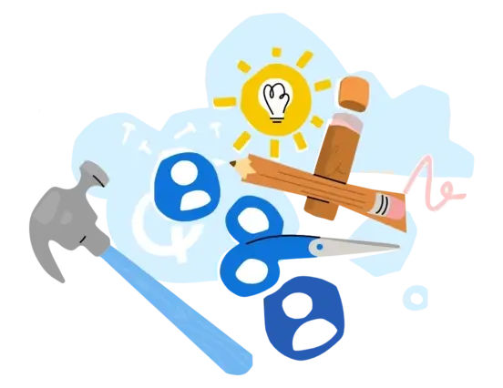 Illustration of collaboration tools including a hammer, scissors, pencil, lightbulb icon, and four blue circular user profile icons arranged on a light blue cloud background.