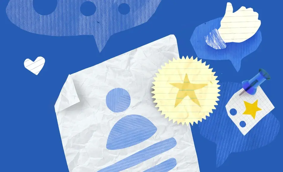 An illustration of a white heart, a star, a piece of notebook paper with silhouette of a person, a comment bubble and a thumbs up.