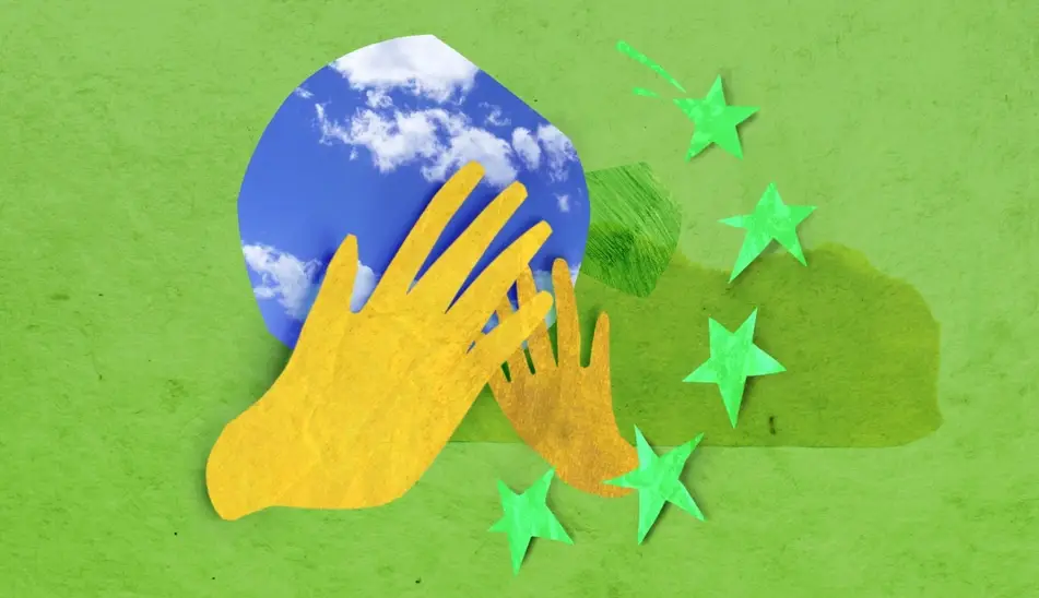 An illustration with two hands touching the world surrounded by four stars.