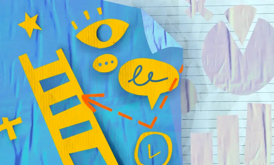 Abstract illustration with a yellow ladder, star, eye, speech bubble, and a plus sign; an orange arrow; and graphs in iridescent pink