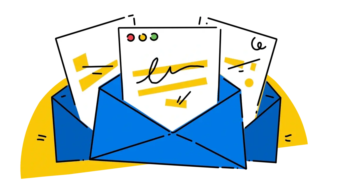 Illustration of three emails in envelopes.