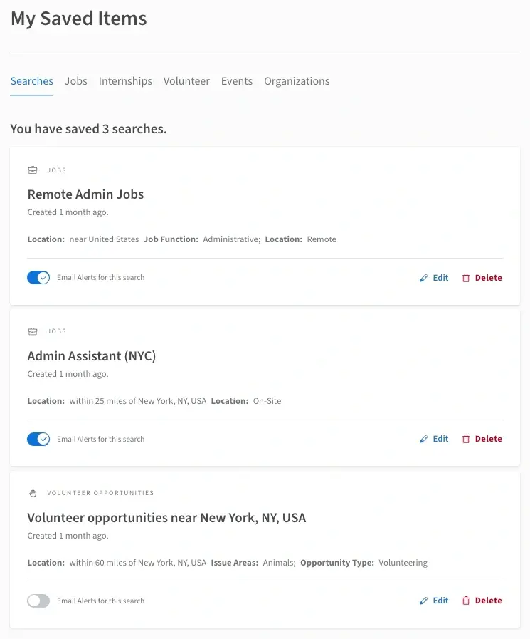 Screenshot of the Idealist website that shows My Saved Items