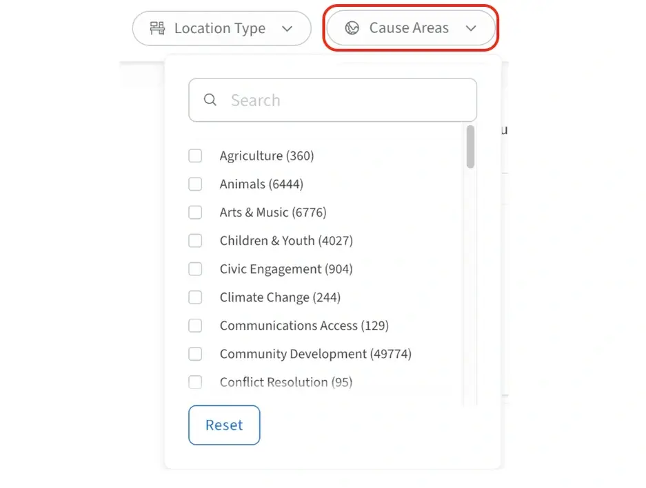 Screenshot of the Idealist website showing how to select Cause Areas