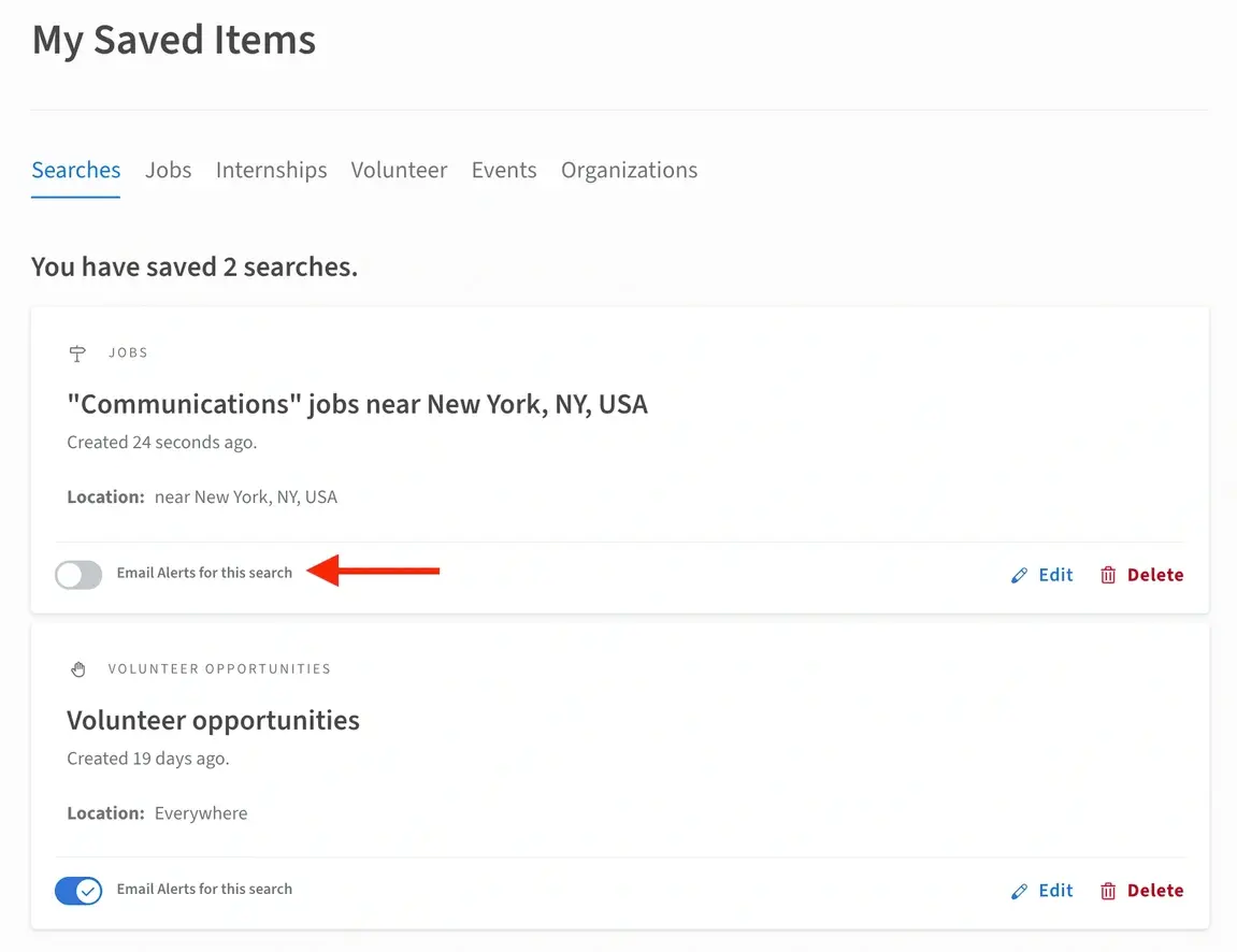Screenshot of the Idealist website showing how to toggle an Email Alert off.