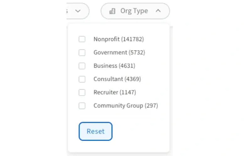A screenshot of the Idealist website showing organization type search filters.