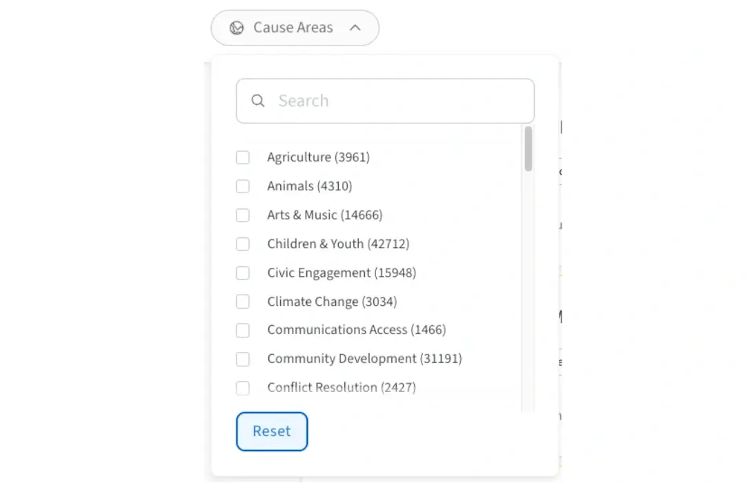 Screenshot of the Idealist website showing the Cause Area filter.