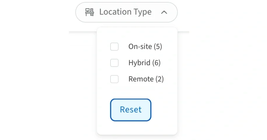Screenshot of the Idealist website that shows how to set an On-Site, Remote or Hybrid Location Type preference