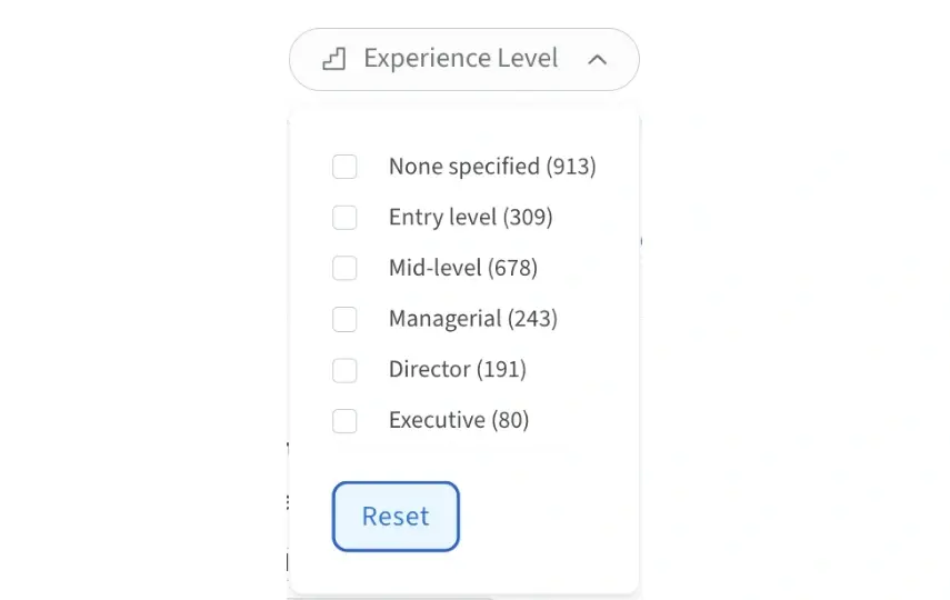 Screenshot of the Idealist website that shows how to filter a search by Experience Level.