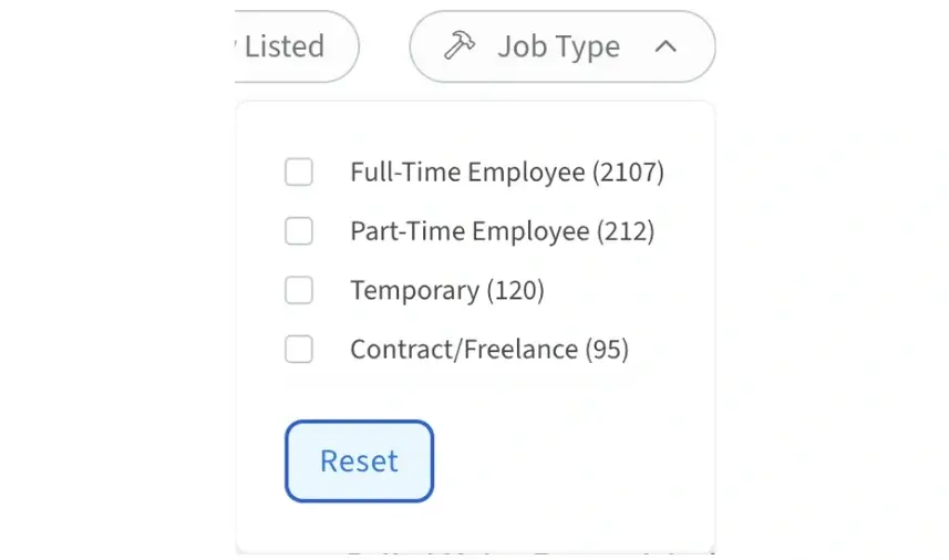 Screenshot of the Idealist website that shows how to filter a search by Job Type.