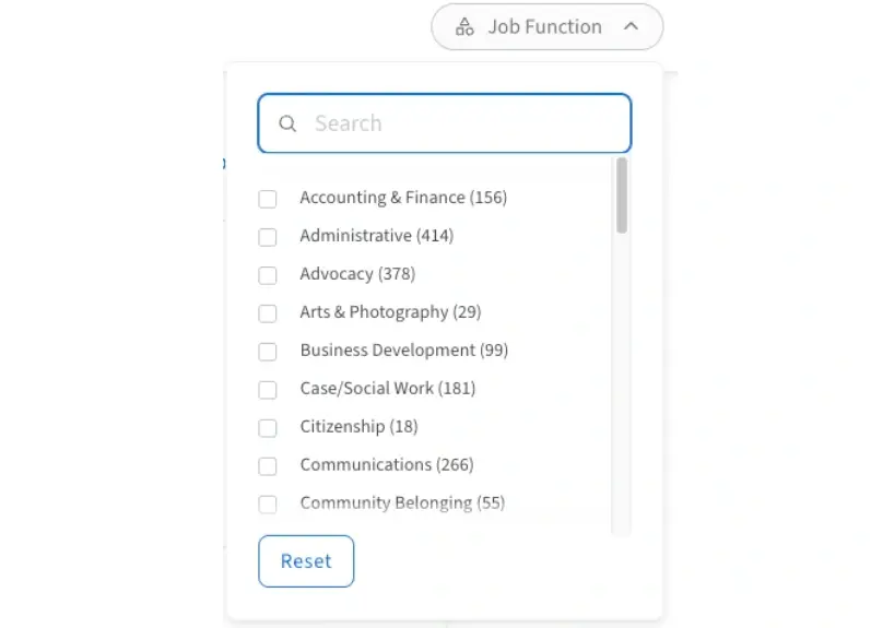 Screenshot of the Idealist website that shows how to filter a search by job function.