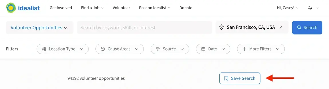 Screenshot of the Idealist website showing how to Save a Search
