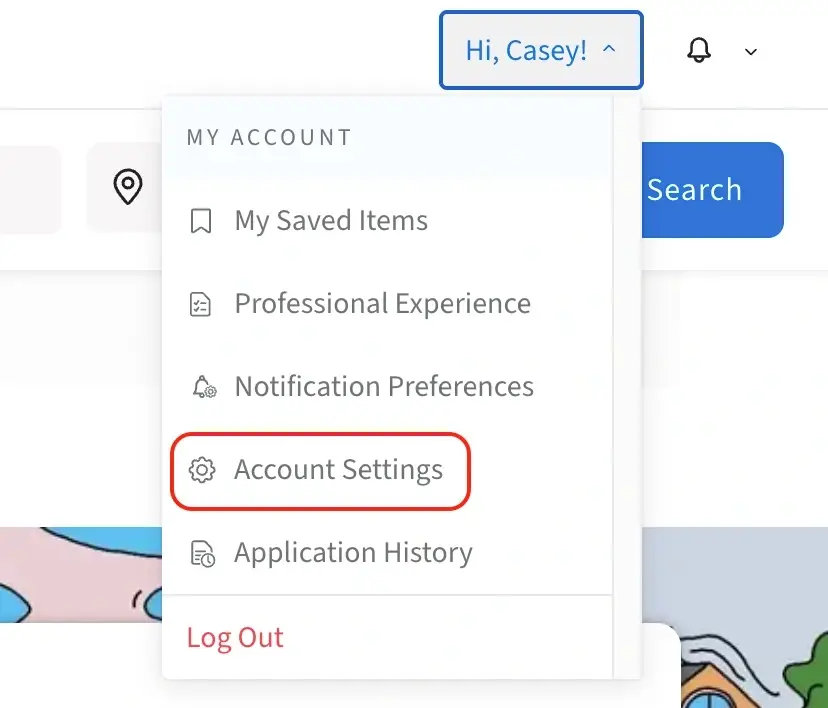 A screenshot of the Idealist website showing how to access account settings