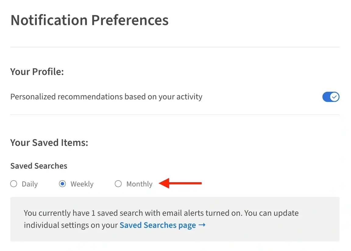 Screenshot of the Idealist website showing where to select your preferred email alert frequency.