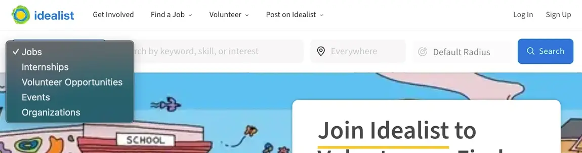 An image that shows a drop down menu with different search options on Idealist.